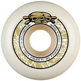 An off-white skateboard wheel with a gold and black inner ring, featuring a skull graphic and text that reads 'BONE WHEELS' DOUBLE WIDE'.