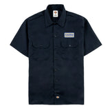 Black short-sleeve work shirt with low key logo