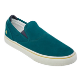 Teal slip-on shoe with white sole on a white background