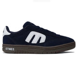 Navy blue sneaker with white logo on a white background