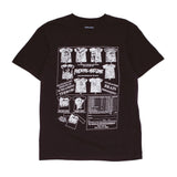 Black t-shirt graphic of shirts hanging on building