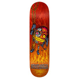 Grimple Stix Skateboard deck with a colorful design of a character holding a chain on a red and orange wood stained background.