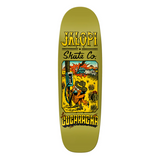 Skateboard deck with cockroach on a phone design and Jalopi text on a green deck