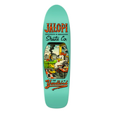 Jalopi Skateboard deck with colorful bird design and text on a teal color board
