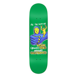 Skateboard deck with colorful graphic design on a green background