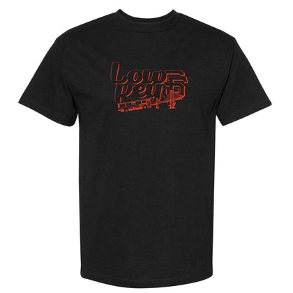 A black short-sleeve crewneck t-shirt featuring a stylized ornage graphic on the chest that reads 'LOW KEY' with the SF Bay Bridge design underneath and a Muni Bus with SF Letters