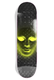 Holographic Skateboard deck with a green alien face design on a black background
