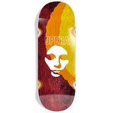 Skateboard deck with a triple split stain colorful design and 'Opera' branding on a stained wood