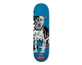 Skateboard deck with a dog illustration on a blue background