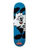 Skateboard deck with cartoon character design on a blue background