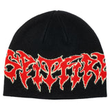 Black beanie with red and white graphic design on a white background