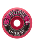 A single Spitfire Conical skateboard wheel in bright pink with black and white graphics, featuring the Spitfire logo and the text '53a 99