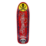 Skateboard deck with red background, white text, and black and blue designs on a white background.