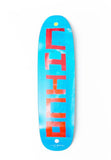 A skateboard deck with a bright blue background and large red vertical lettering spelling 'CHICO'.