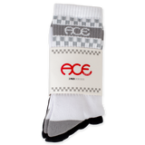 Ace Socks - 3 Pack crew socks in white and gray, featuring the Ace logo and a checkered pattern on the cuffs.