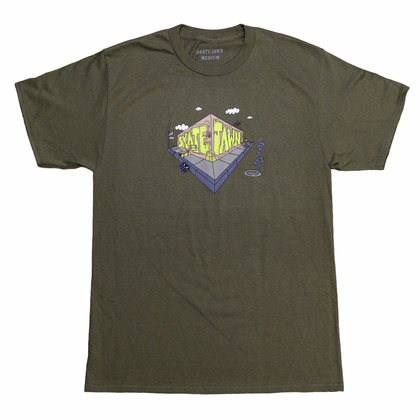 Olive green Skatejawn Corner Tee featuring a unique 3D graphic of 'SKATE JAWN' text as a street corner design.