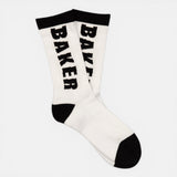 White 100% Baker Socks featuring black cuffs, heels, toes, and the vertical 'BAKER' logo.