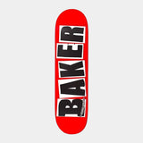 Red Baker Brand Logo Black Skateboard Deck 8.75 with vertical black 'BAKER' text on white rectangles