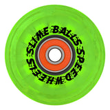 A single translucent green Slime Balls SB Cafe Light Ups skateboard wheel with a bright orange bearing and black text.