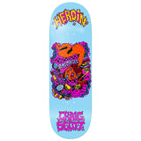 Craig Questions Scrap Metal Deck from Heroin. Light blue skateboard with vibrant 'ROADKILL' graphic, house, skull, books, and keys.