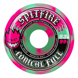 Spitfire F4 99D Conical Full skateboard wheel, pink and green swirl design with logo, 53mm, 99D.