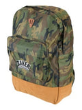 Baker Brand Logo Camo Backpack, classic style, with a brown base and front pocket.