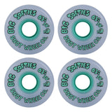 Four light blue Big Softies 78A 63mm skateboard wheels by Snot Wheel Co. with green lettering and a monster graphic.