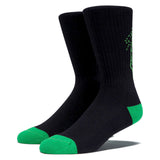Death TV Socks | Deathwish. Black crew socks with bright green toes, heels, and a vibrant green skull/TV graphic on the ankle.