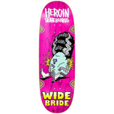 Heroin Skateboards Wide Bride Deck featuring a cartoon Frankenstein's bride graphic on a vibrant pink background.