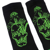 Deathwish Death TV Socks in black with bright green skull design featuring tree-like growth on top.