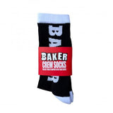 Baker White Letters Black Socks with white cuffs and toes, featuring a red 'BAKER CREW SOCKS' label.