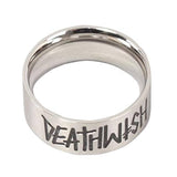 Silver Deathwish ring with engraved gothic style text. Deathspray Ring | Deathwish.
