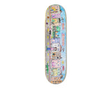 There Poe Pinson Tele Deck 8.12 skateboard, hand-drawn street scene art with buildings, people, and "1-800-THERE" text.