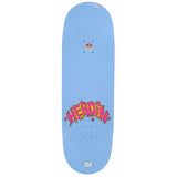 Heroin Craig Questions Scrap Metal Deck, a light blue skateboard with vibrant pink and yellow 'HEROIN' logo.