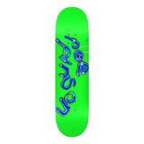There Poe Pinson Tele Deck 8.12 skateboard, vibrant lime green with blue and purple 'Poe Pinson' text