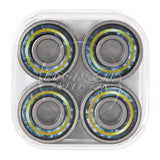 Bronson Speed Co. Alexis Ramirez Pro G3 Bearings, set of 4 in clear case, featuring blue & yellow custom graphic shields.