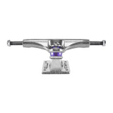 Thunder Team Inverted Polished 149 Skateboard Truck, silver with purple bushings, on a grey background